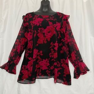 Roz & Ali Black and Red Floral smock Blouse, size 3X